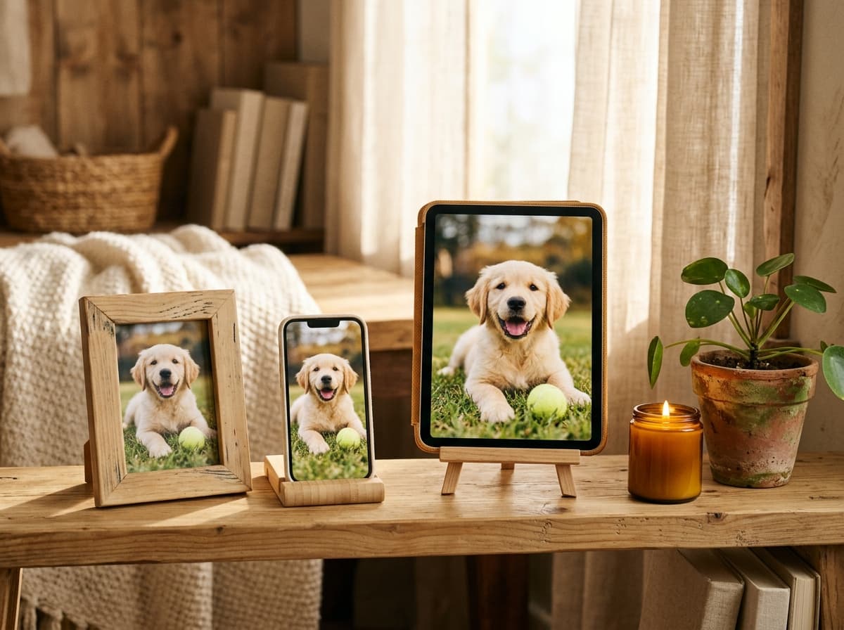 Phone, iPad, and frame showing the same pet — step illustration